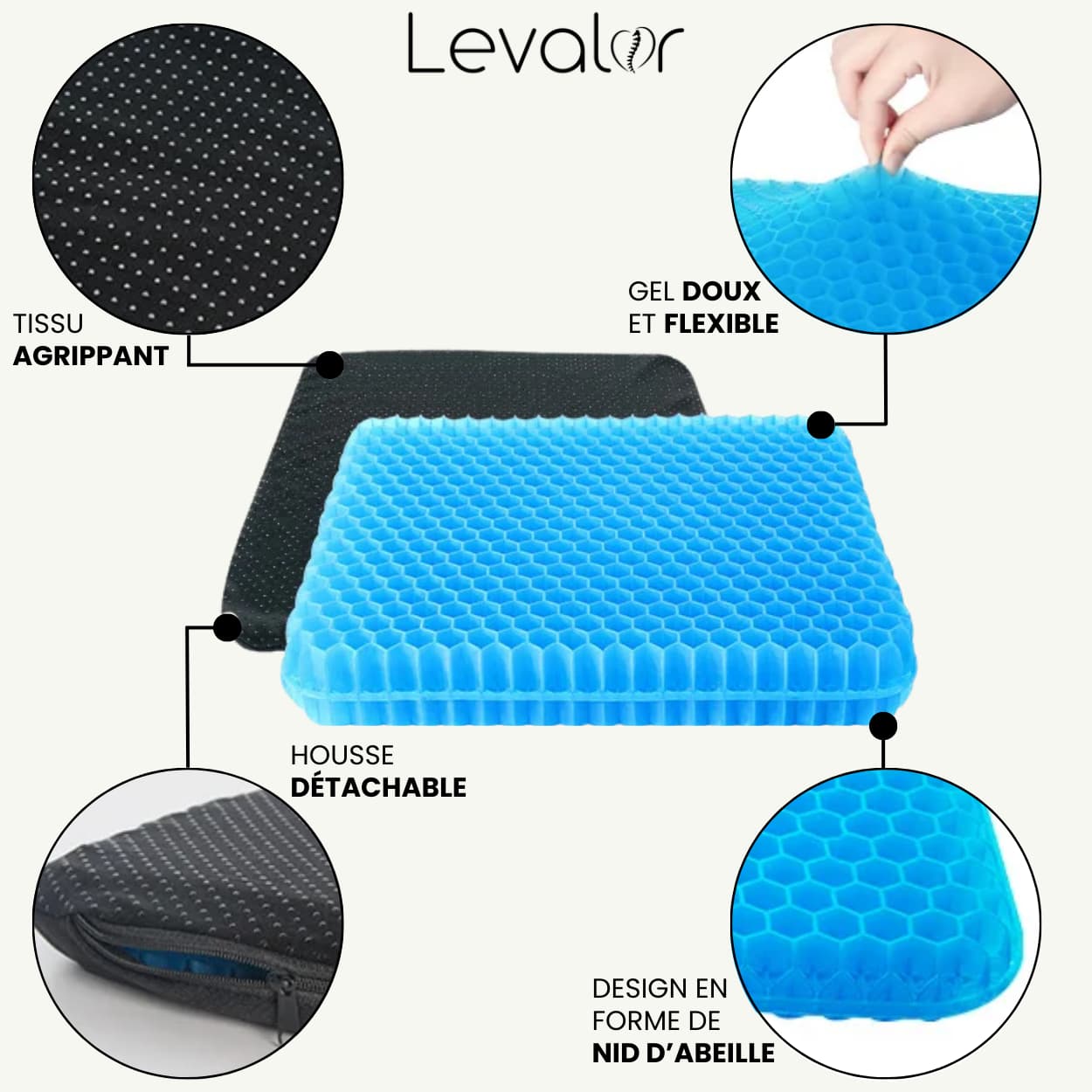 coussin de siège orthopédique fabriqué en gel bleu pour protéger le coccyx et le dos pendant le télétravail ou sur un siège de voiture