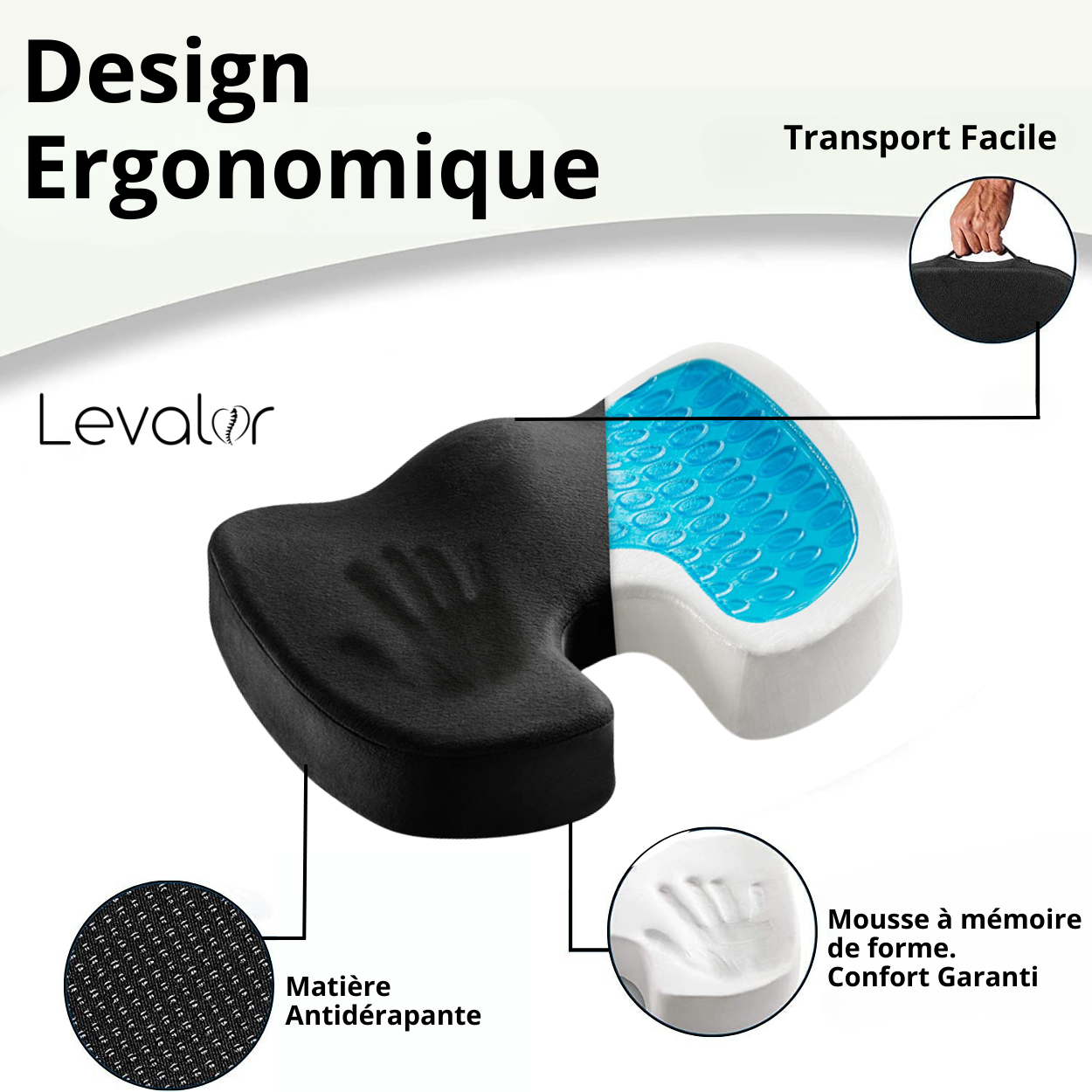 Coussin orthopédique - Coussin de siège ergonomique - Housse lavable -  Coussin en gel