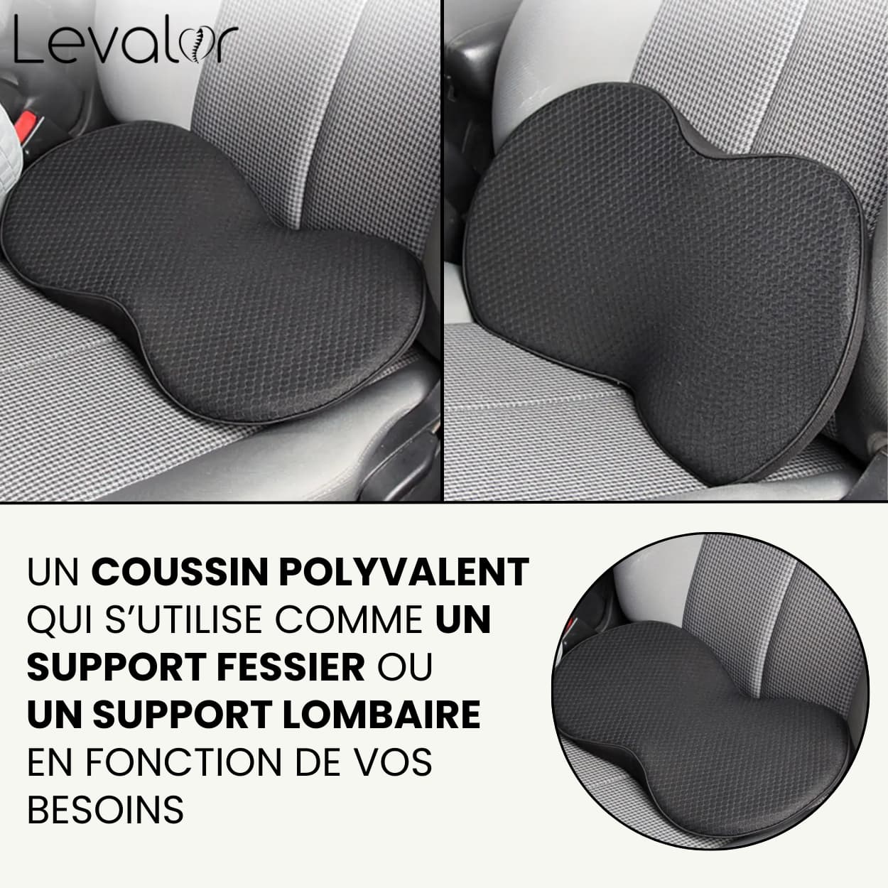 Coussin orthopédique avec support fessier ou support lombaire lors des trajets en voiture